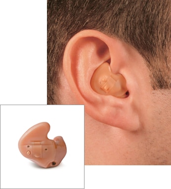 A person wearing an ITE hearing aid next to a picture of the device itself