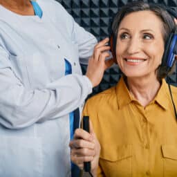 Woman in yellow shirt takes hearing test