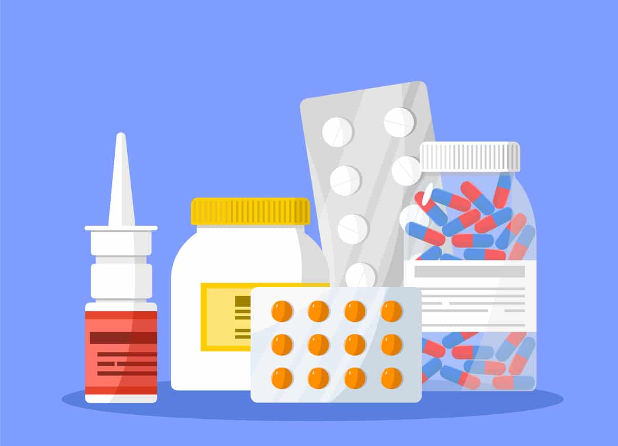 Set of medicines. Pills, tablets and bottles. Vector illustration in flat style