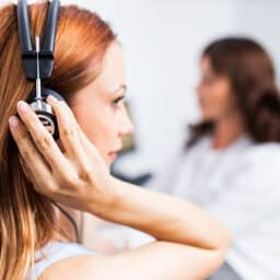 Woman putting on headphones for a hearing test.